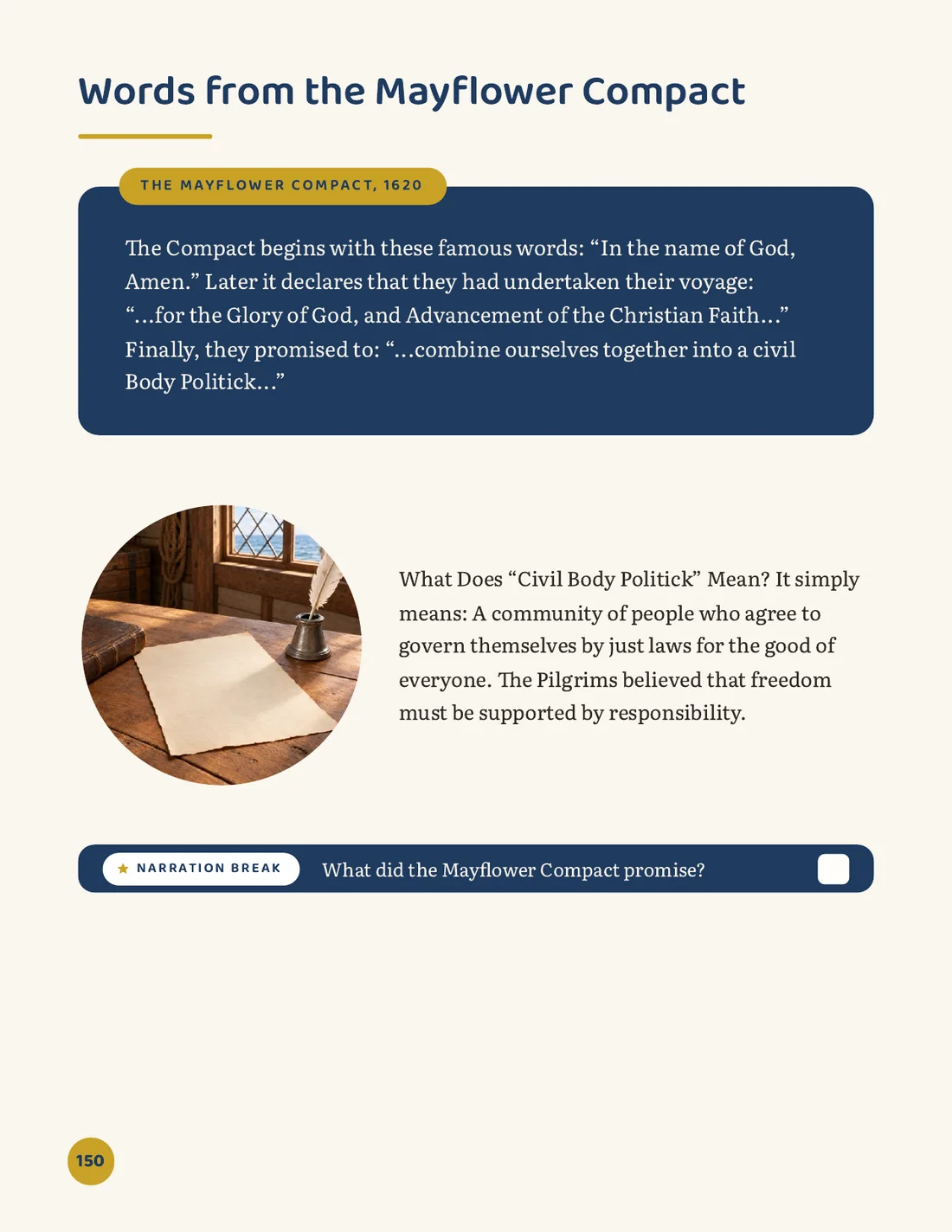 Lesson page with words from the Mayflower Compact