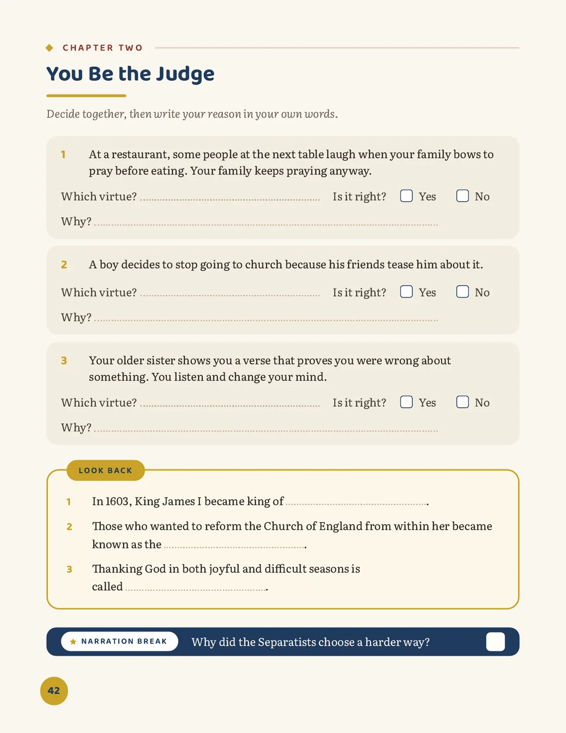 You Be the Judge activity page with Look Back questions and a narration break