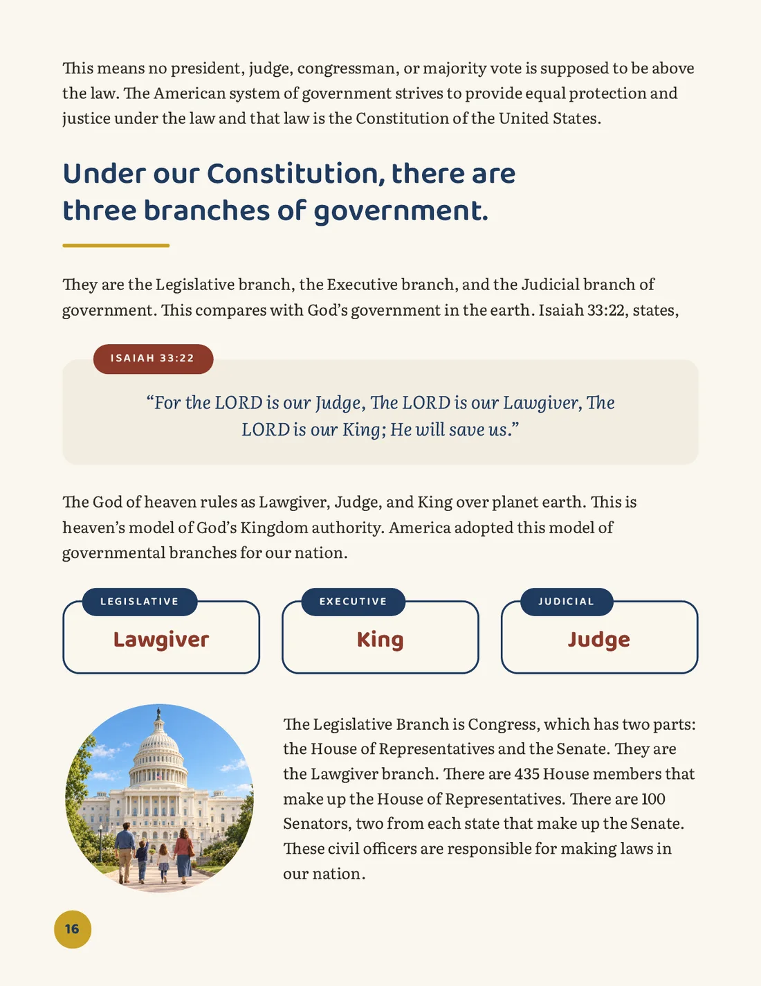 Lesson page on the three branches of government with Isaiah 33:22