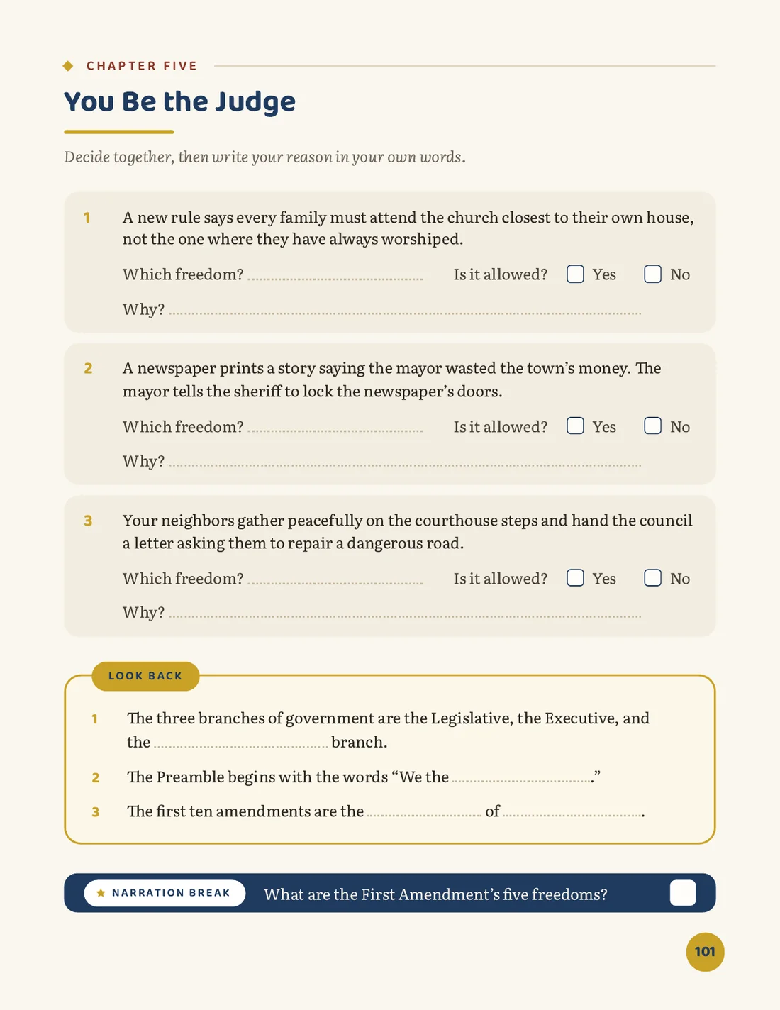 You Be the Judge activity page with a Look Back review